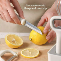 6-Piece Stainless Steel Kitchen Gadgets Set with Holder | Kitchen Scissors, Paring Knife, Whisk, Peeler & Bottle Opener | Anti-Slip Handle | Decorative White Base