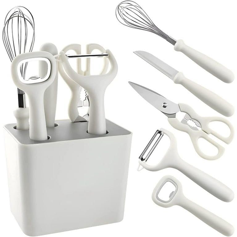 6-Piece Stainless Steel Kitchen Gadgets Set with Holder | Kitchen Scissors, Paring Knife, Whisk, Peeler & Bottle Opener | Anti-Slip Handle | Decorative White Base