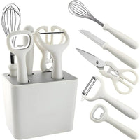 6-Piece Stainless Steel Kitchen Gadgets Set with Holder | Kitchen Scissors, Paring Knife, Whisk, Peeler & Bottle Opener | Anti-Slip Handle | Decorative White Base
