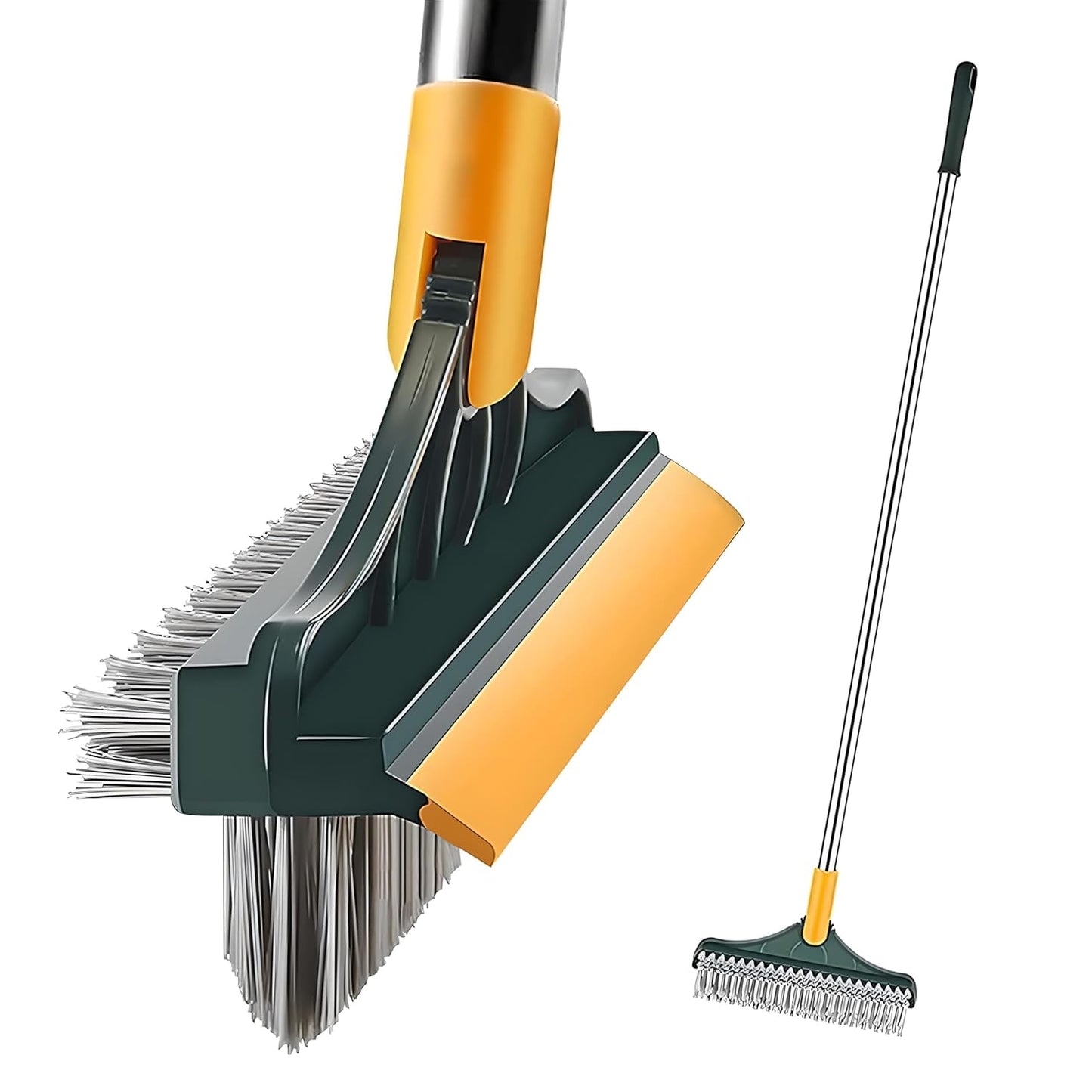 VMMPL 3 in 1 Bathroom Cleaning Brush with Wiper & Squeegee | Long Handle Floor Scrub Brush for Bathroom, Tiles, Shower, Window & Glass Cleaning | Multifunctional Tile Cleaner Brush (Yellow/Green)