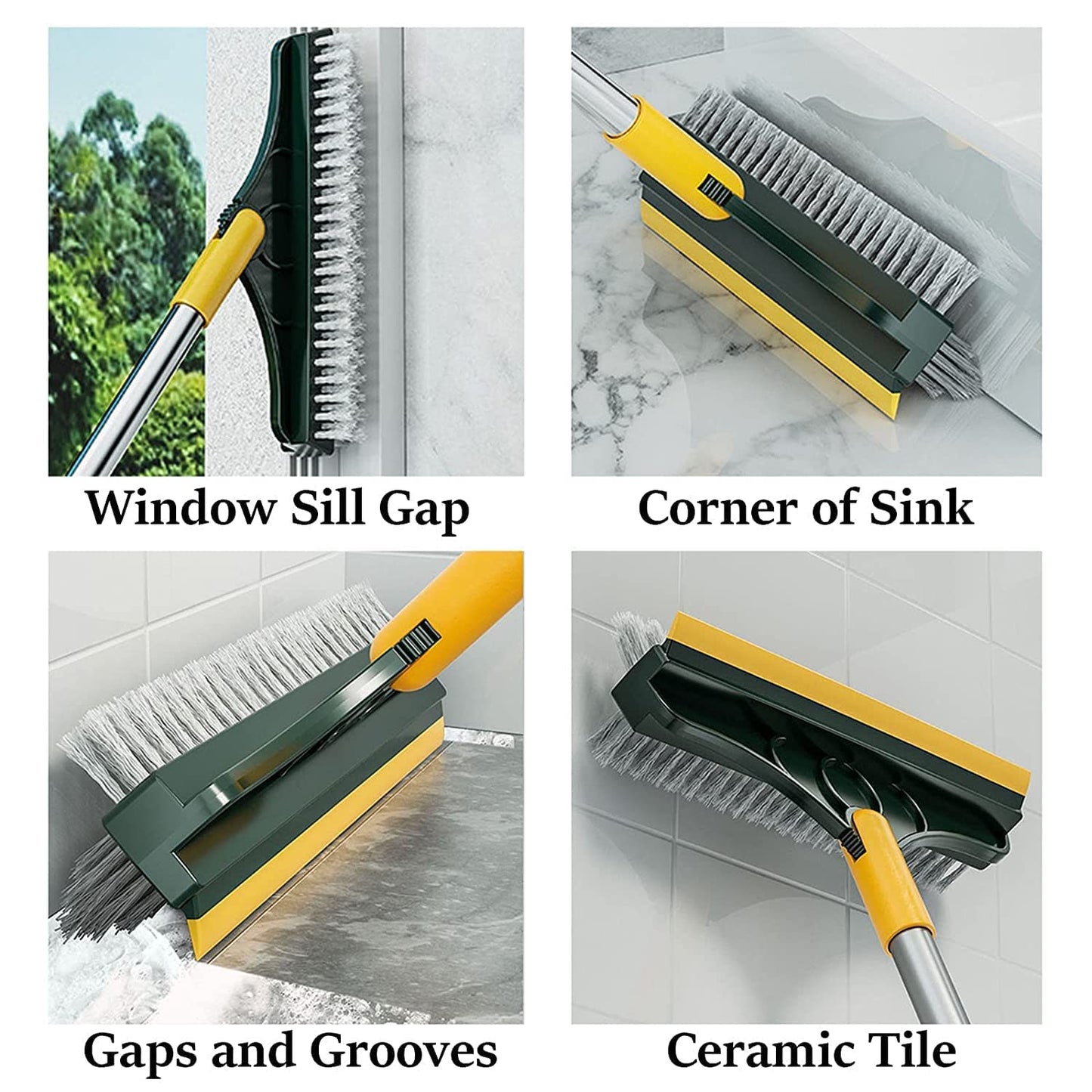 VMMPL 3 in 1 Bathroom Cleaning Brush with Wiper & Squeegee | Long Handle Floor Scrub Brush for Bathroom, Tiles, Shower, Window & Glass Cleaning | Multifunctional Tile Cleaner Brush (Yellow/Green)