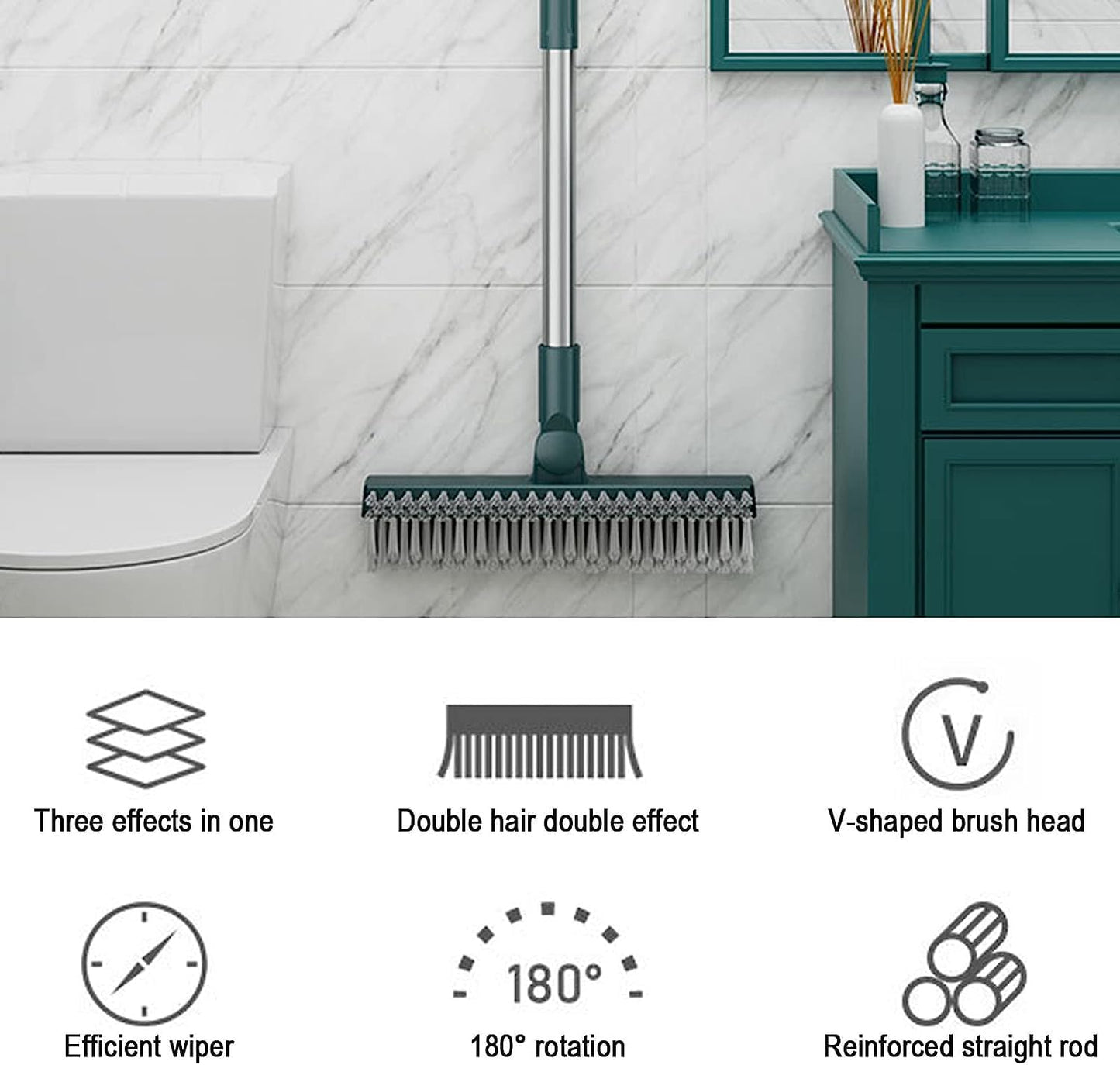 VMMPL 3 in 1 Bathroom Cleaning Brush with Wiper & Squeegee | Long Handle Floor Scrub Brush for Bathroom, Tiles, Shower, Window & Glass Cleaning | Multifunctional Tile Cleaner Brush (Yellow/Green)