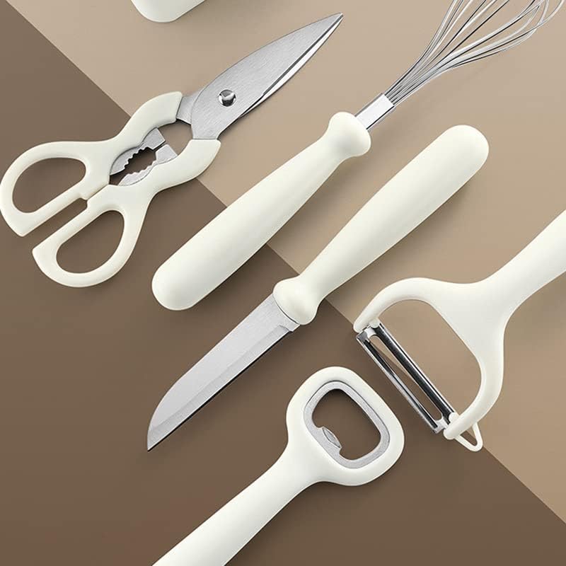 6-Piece Stainless Steel Kitchen Gadgets Set with Holder | Kitchen Scissors, Paring Knife, Whisk, Peeler & Bottle Opener | Anti-Slip Handle | Decorative White Base