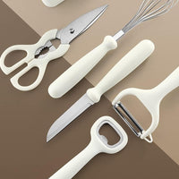 6-Piece Stainless Steel Kitchen Gadgets Set with Holder | Kitchen Scissors, Paring Knife, Whisk, Peeler & Bottle Opener | Anti-Slip Handle | Decorative White Base