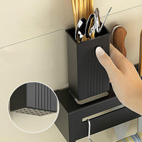 Wolpin Stainless Steel Kitchen Shelf Wall Mount with Knife Holder, Towel Hanger, Spatula Hooks & Cutlery Storage Rack (Black, 40 X 5.5 X 7.4 cm)