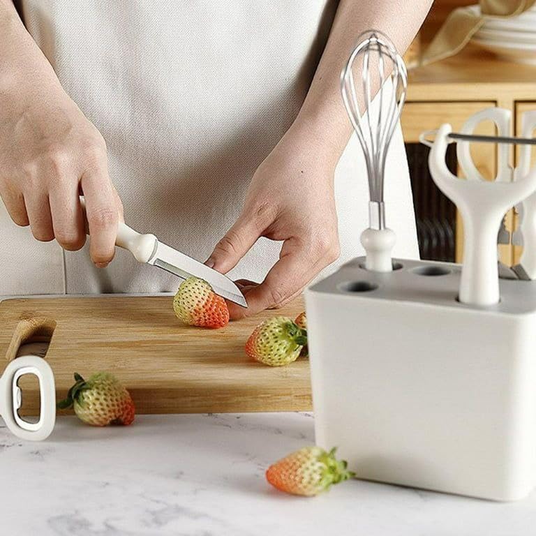 6-Piece Stainless Steel Kitchen Gadgets Set with Holder | Kitchen Scissors, Paring Knife, Whisk, Peeler & Bottle Opener | Anti-Slip Handle | Decorative White Base