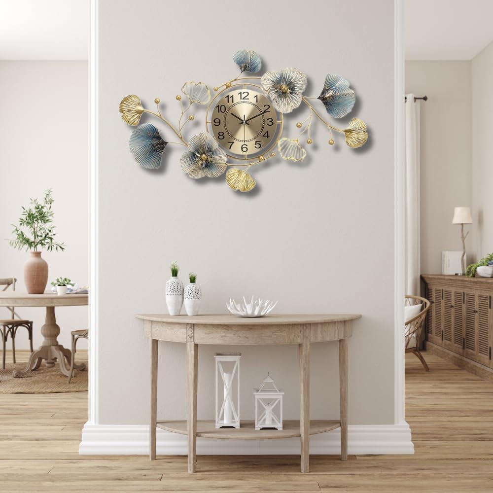 Stylish Luxury Designer Antique Analog Silent Wall Clock | Large Decorative Metal Clock for Home, Living Room, Office, Bedroom – Floral Mo-2 Design