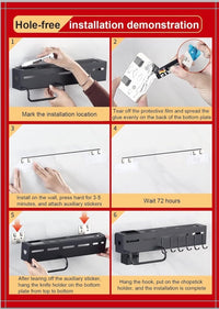 Wolpin Stainless Steel Kitchen Shelf Wall Mount with Knife Holder, Towel Hanger, Spatula Hooks & Cutlery Storage Rack (Black, 40 X 5.5 X 7.4 cm)