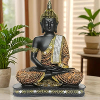 Global Grabbers New 25 Centimetre Meditating Sitting Buddha Statue showpiece Idol Home Decor Items for Living Room and Gifts (1, Orange Black)