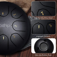HASTHIP® Steel Tongue Drum 8 Note, 6 Inch | Black | Handpan Drum with Bag, Mallets & Music Book – Ideal for Meditation, Yoga, Musical Education & Healing