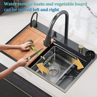 Marcoware Anti-Scratch Stainless Steel Kitchen Sink | 30x18" Waterfall Sink with Pull Down Faucet, RO Tap, Cup Washer, Chopping Board & Drain Basket (Nano Black)
