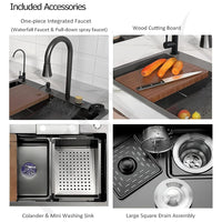 Marcoware Anti-Scratch Stainless Steel Kitchen Sink | 30x18" Waterfall Sink with Pull Down Faucet, RO Tap, Cup Washer, Chopping Board & Drain Basket (Nano Black)