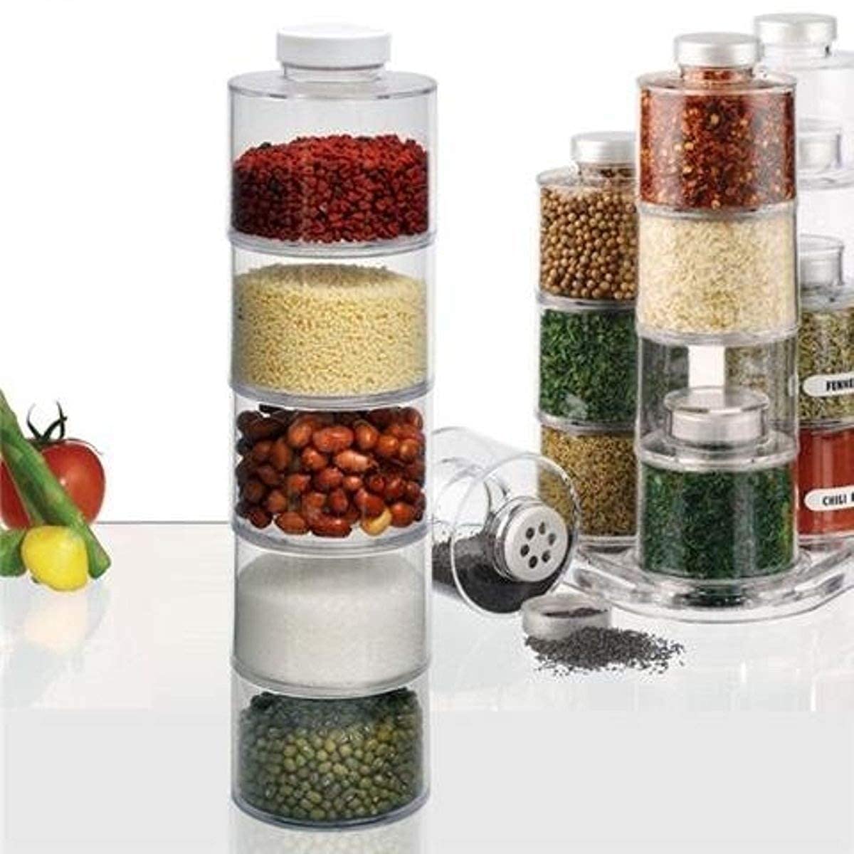 Ostin 6 Pcs Stackable Spice Tower Carousel | Transparent Acrylic Spice Rack | Space-Saving Kitchen Organizer