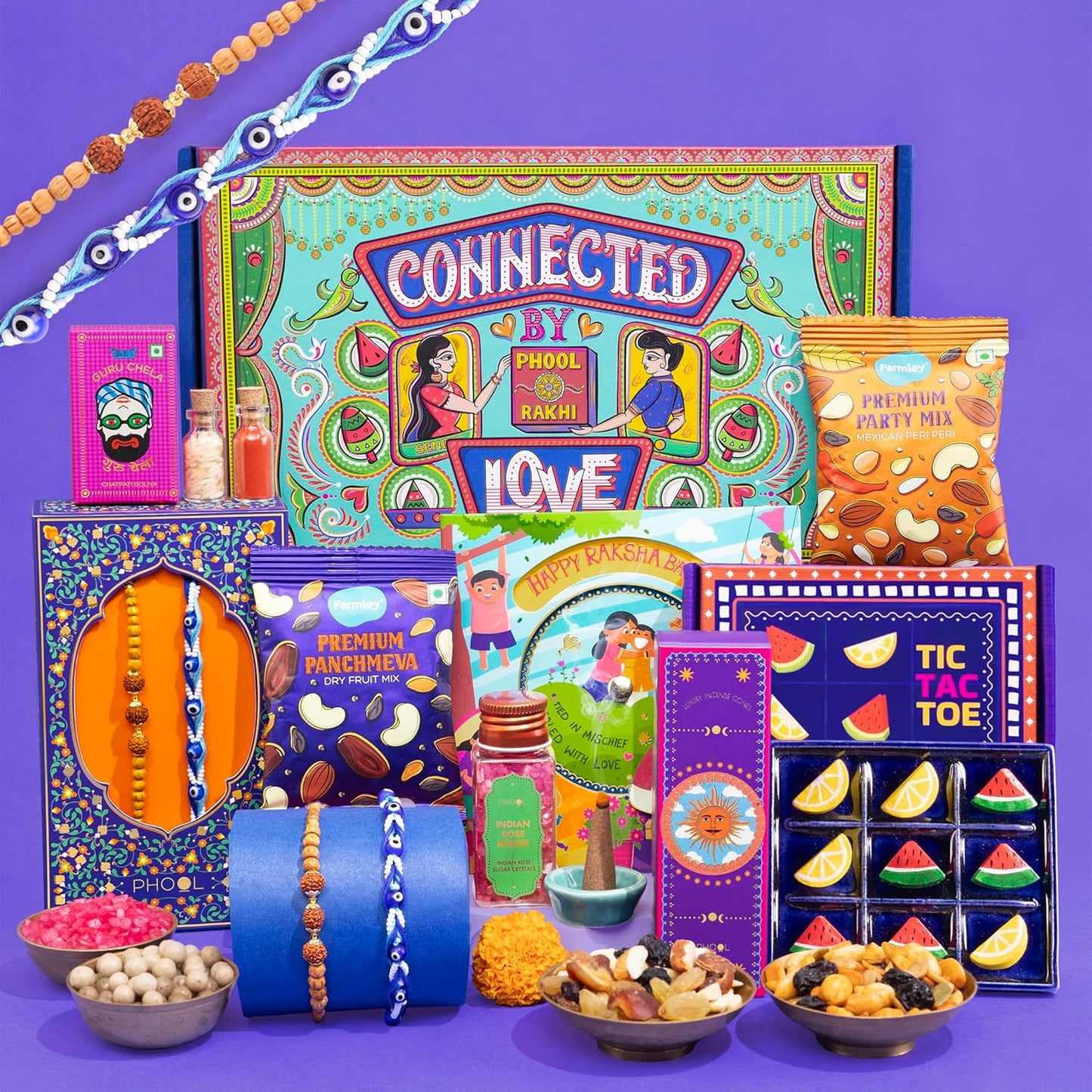 VMMPL Rakhi Giftbox for Brother | 11-in-1 Rakhi Gift Hamper | Rudraksha & Mystic Braid Rakhi | Dhoop Cone | Dry Fruits | Mouth Freshener | Tic-Tac-Toe Game | Greeting Card – 560g