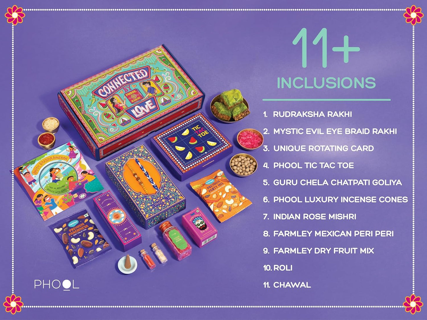 VMMPL Rakhi Giftbox for Brother | 11-in-1 Rakhi Gift Hamper | Rudraksha & Mystic Braid Rakhi | Dhoop Cone | Dry Fruits | Mouth Freshener | Tic-Tac-Toe Game | Greeting Card – 560g