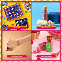 VMMPL Rakhi Giftbox for Brother | 11-in-1 Rakhi Gift Hamper | Rudraksha & Mystic Braid Rakhi | Dhoop Cone | Dry Fruits | Mouth Freshener | Tic-Tac-Toe Game | Greeting Card – 560g