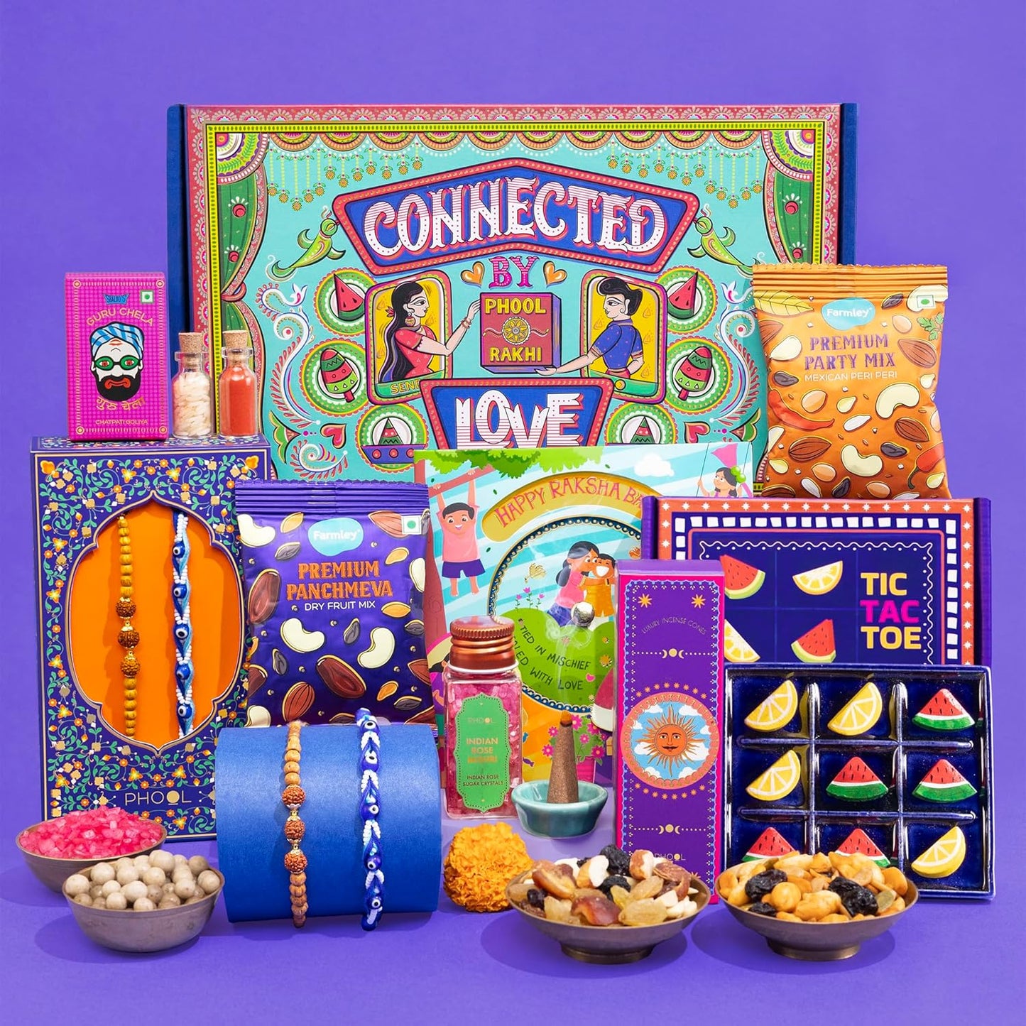 VMMPL Rakhi Giftbox for Brother | 11-in-1 Rakhi Gift Hamper | Rudraksha & Mystic Braid Rakhi | Dhoop Cone | Dry Fruits | Mouth Freshener | Tic-Tac-Toe Game | Greeting Card – 560g