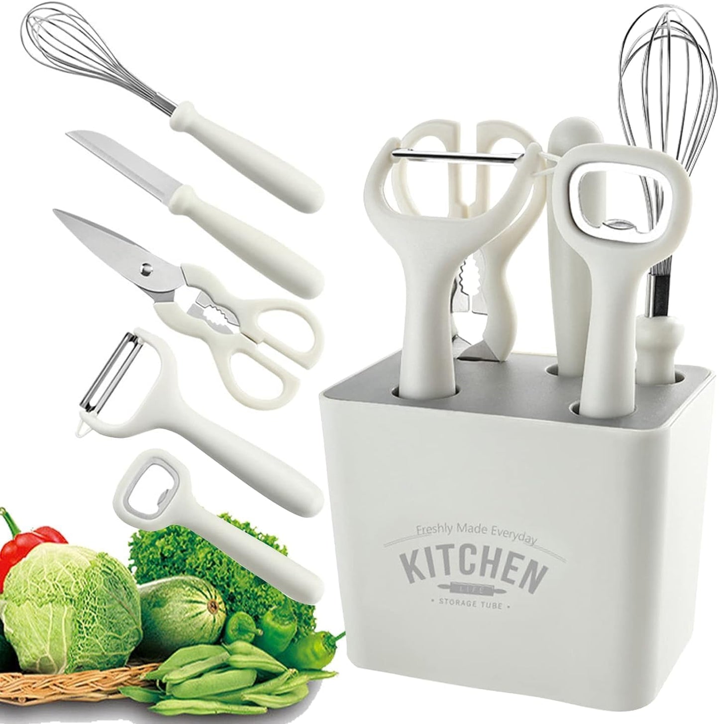 6-Piece Stainless Steel Kitchen Gadgets Set with Holder | Kitchen Scissors, Paring Knife, Whisk, Peeler & Bottle Opener | Anti-Slip Handle | Decorative White Base