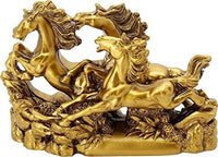 VMMPL Feng Shui Three Running Horses Showpiece – Antique Brass Finish | Artistic Stone Decor for Home & Office (10 x 4 x 14 cm)