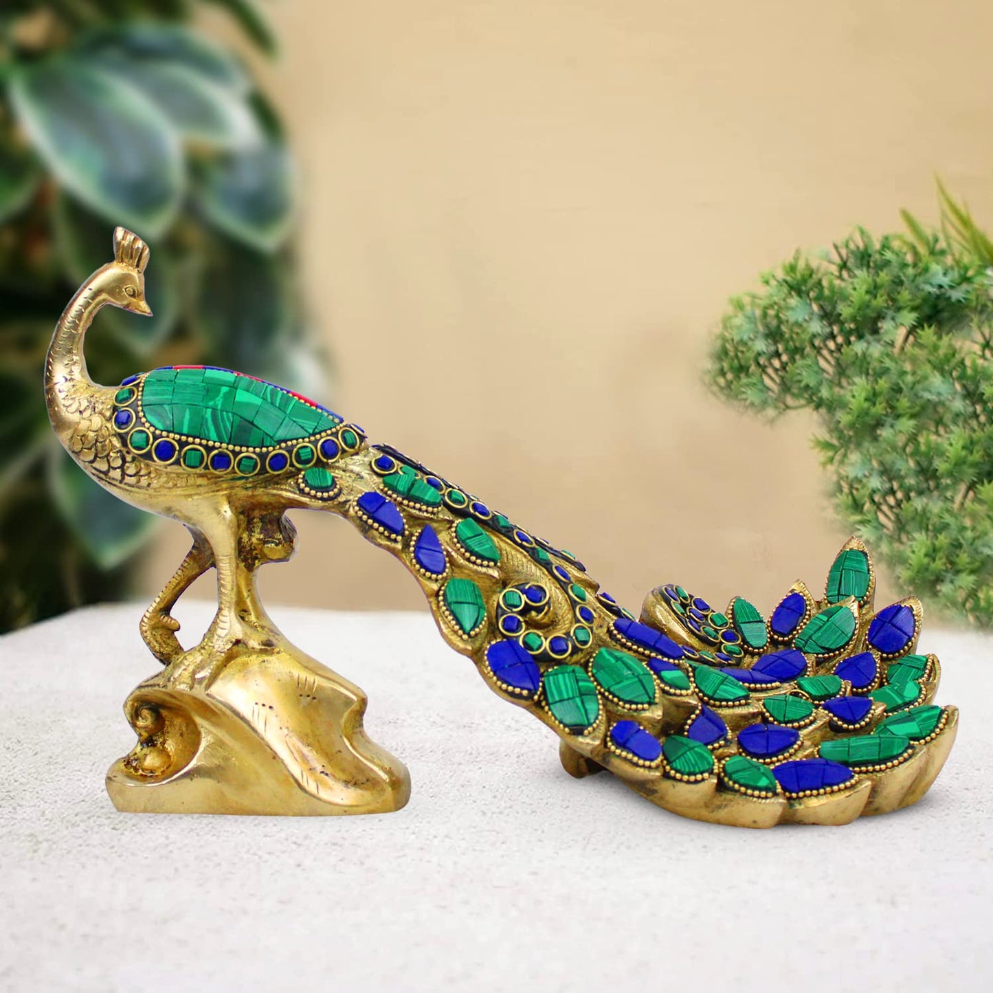 VMMPL Peacock Brass with Multicolor Gemstone Handwork Showpiece Idol Figurine Sculpture for Home Decoration | 11 x 4 x 7 Inch | 2.8 Kg |