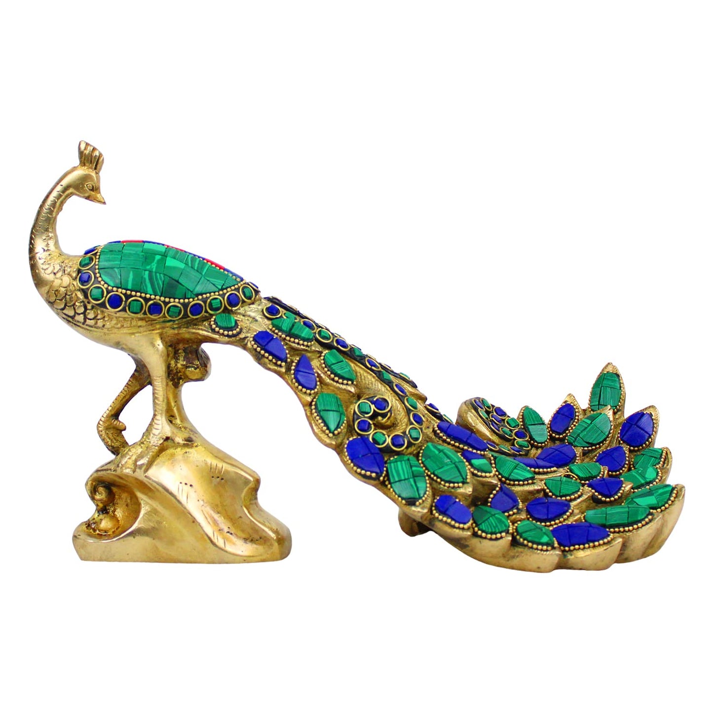 VMMPL Peacock Brass with Multicolor Gemstone Handwork Showpiece Idol Figurine Sculpture for Home Decoration | 11 x 4 x 7 Inch | 2.8 Kg |