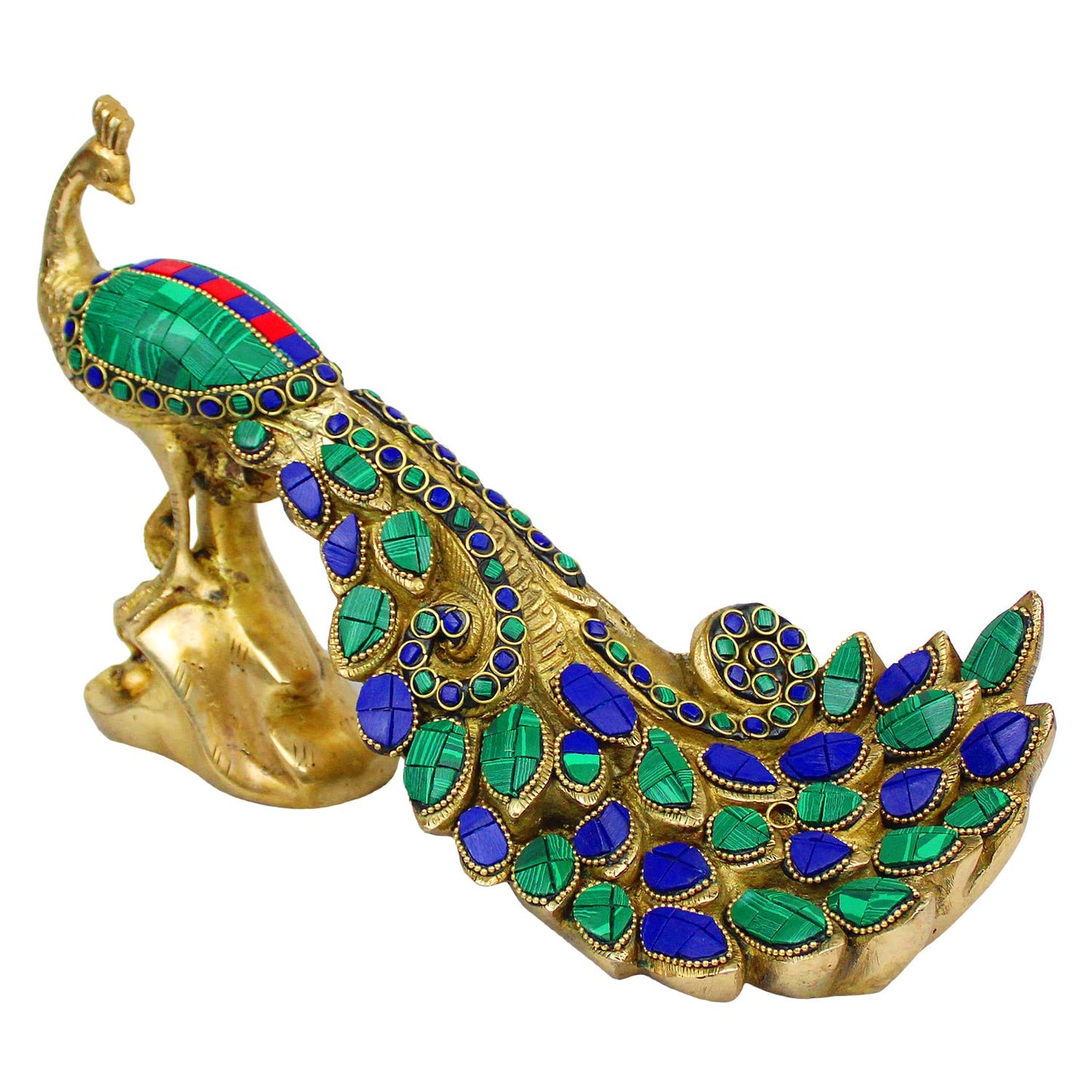 VMMPL Peacock Brass with Multicolor Gemstone Handwork Showpiece Idol Figurine Sculpture for Home Decoration | 11 x 4 x 7 Inch | 2.8 Kg |