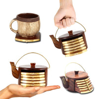 VMMPL Wooden Kettle Shape Coasters Set of 6 – Handcrafted Sheesham Wood Drink Mats with Holder for Coffee Mugs, Tea Cups, Beer Cans & Water Glasses – Brown (4 x 4 x 5 Inch)