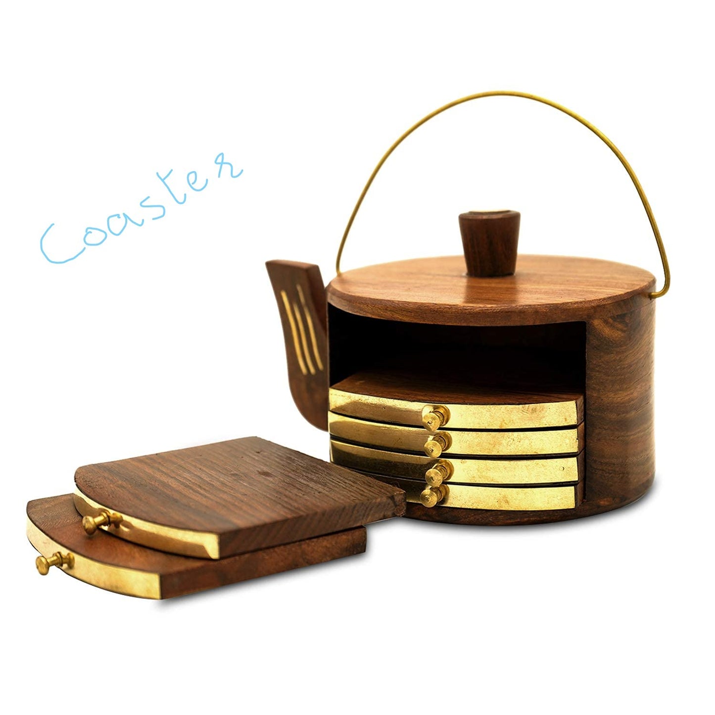 VMMPL Wooden Kettle Shape Coasters Set of 6 – Handcrafted Sheesham Wood Drink Mats with Holder for Coffee Mugs, Tea Cups, Beer Cans & Water Glasses – Brown (4 x 4 x 5 Inch)