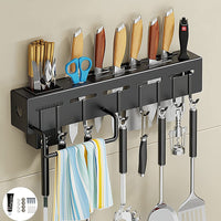 Wolpin Stainless Steel Kitchen Shelf Wall Mount with Knife Holder, Towel Hanger, Spatula Hooks & Cutlery Storage Rack (Black, 40 X 5.5 X 7.4 cm)