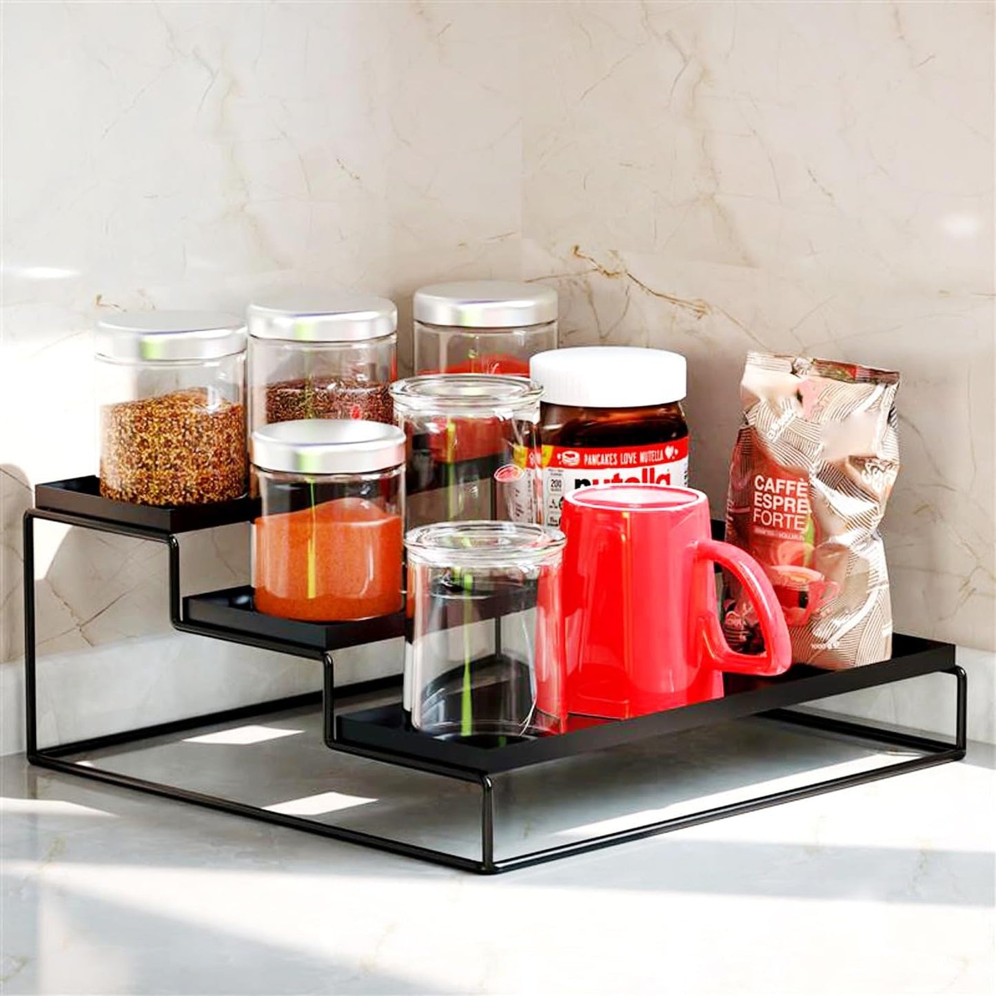 WonderStand Metal TRIZEN | 3-Step Kitchen Countertop Spice Rack Container Utensil Holder Organizer (Black
