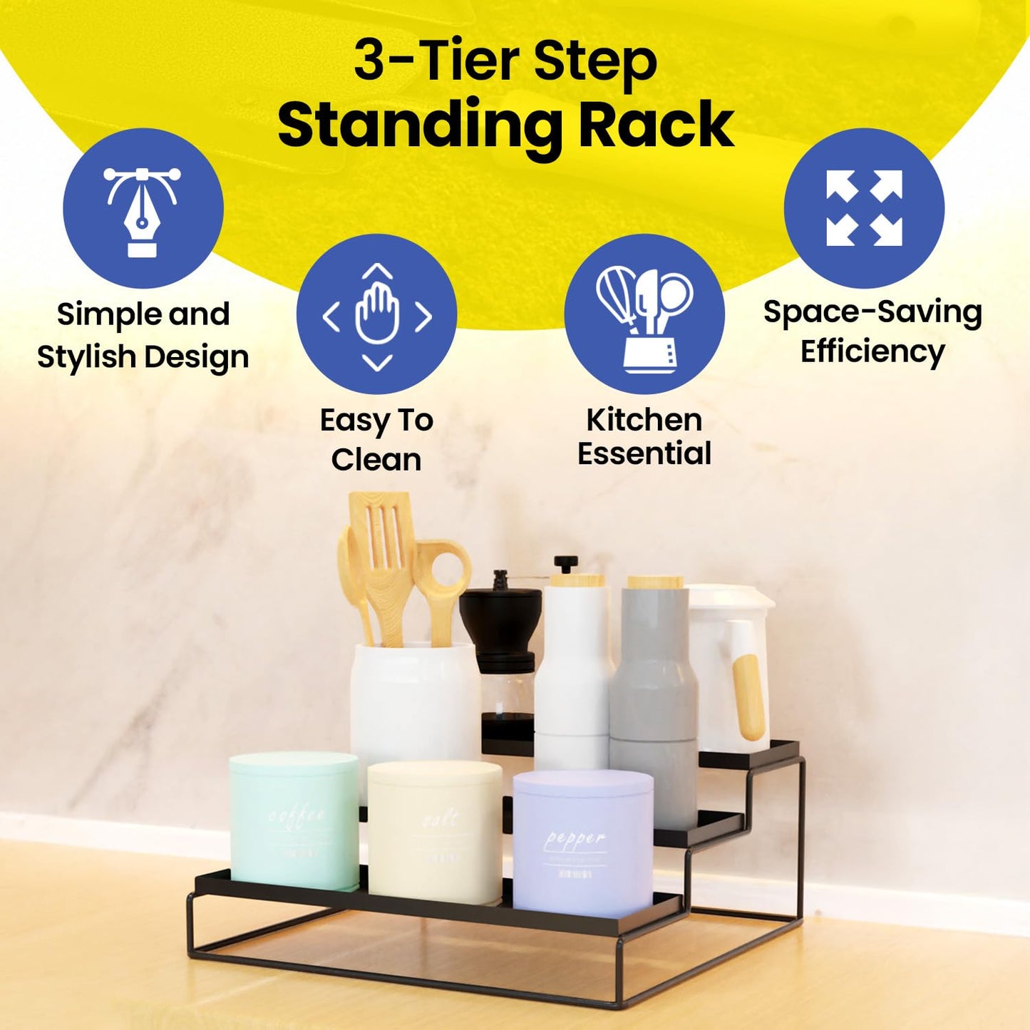 WonderStand Metal TRIZEN | 3-Step Kitchen Countertop Spice Rack Container Utensil Holder Organizer (Black
