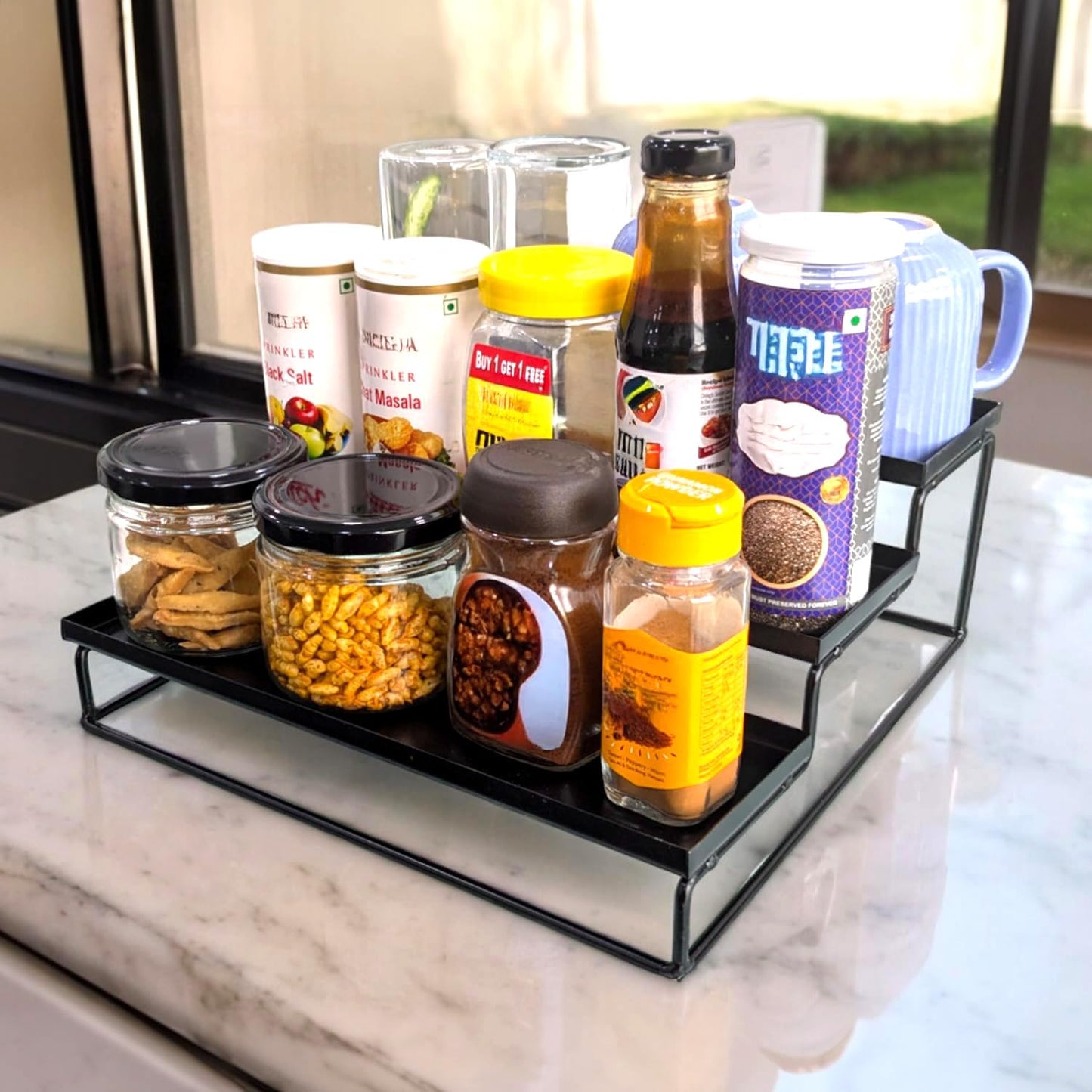 WonderStand Metal TRIZEN | 3-Step Kitchen Countertop Spice Rack Container Utensil Holder Organizer (Black