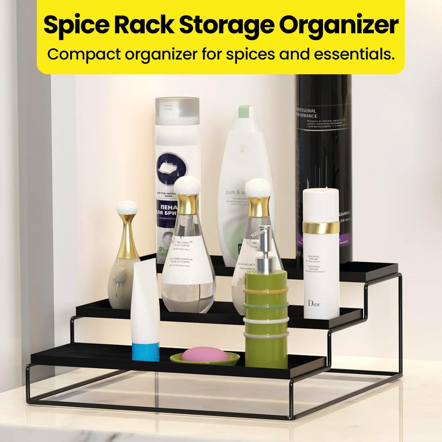 WonderStand Metal TRIZEN | 3-Step Kitchen Countertop Spice Rack Container Utensil Holder Organizer (Black