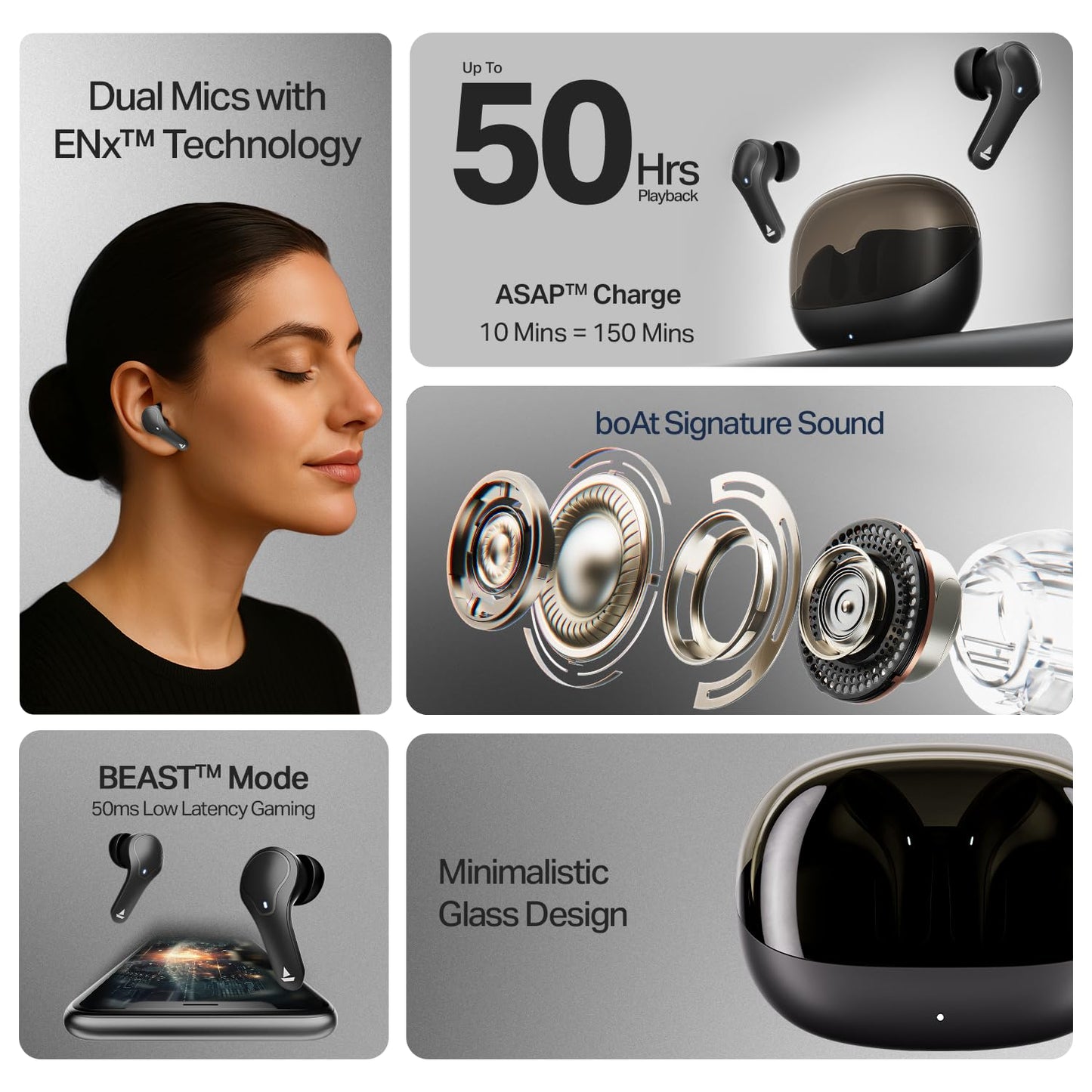 boAt Airdopes Plus 311 (2025 Launch) – TWS Bluetooth Earbuds with ENx Dual Mics, 50H Battery, ASAP Charge & IPX4 | Charcoal Black