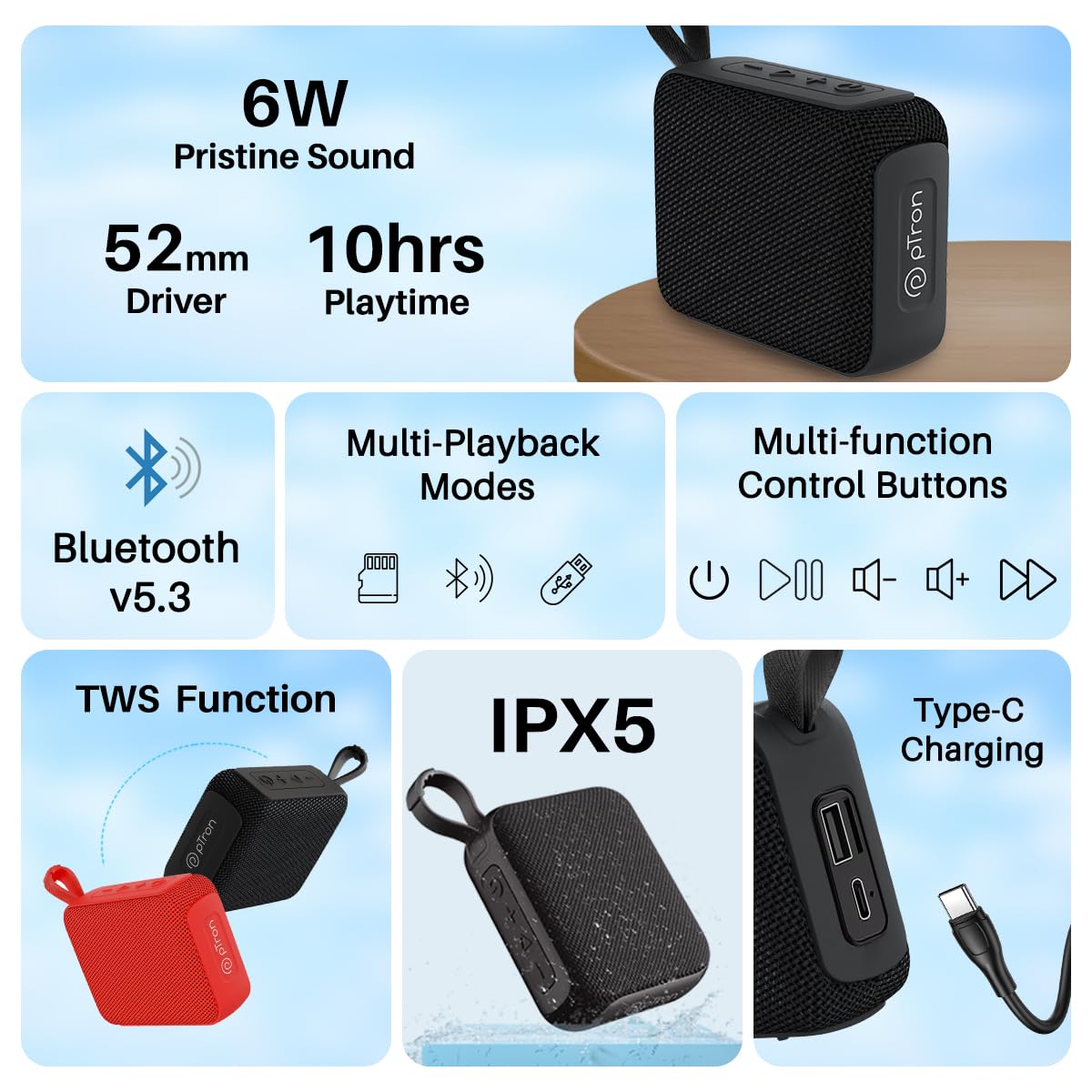 pTron Funk Wow 6W Ultra Portable Bluetooth Speaker – Pristine Sound, TWS, 10Hrs Playback, IPX5 Water Resistant, Multi-Playback, Type-C Charging (Black)