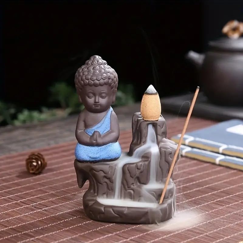 VMMPL Meditating Monk Buddha Smoke Fountain | Backflow Cone Incense Holder | Multicolor Resin Showpiece for Home, Living Room, Office, Gift Décor (8x6x10 cm)