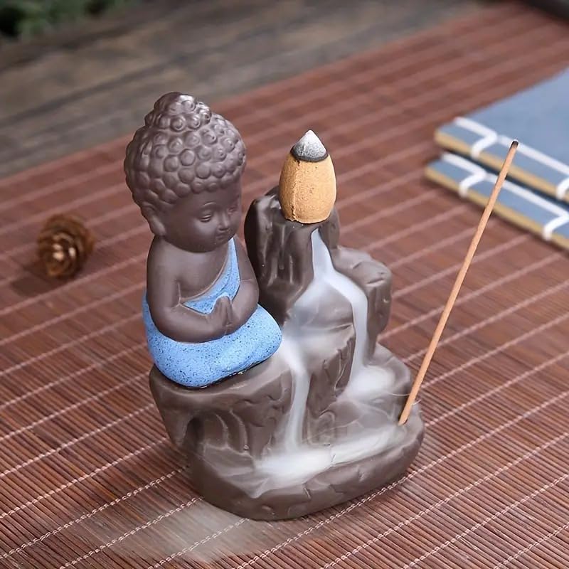 VMMPL Meditating Monk Buddha Smoke Fountain | Backflow Cone Incense Holder | Multicolor Resin Showpiece for Home, Living Room, Office, Gift Décor (8x6x10 cm)