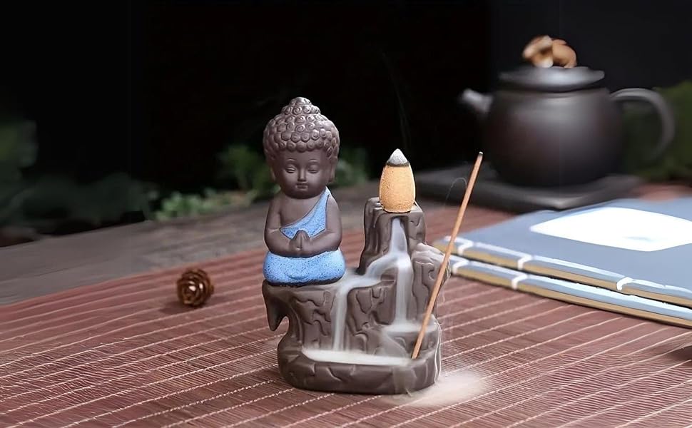 VMMPL Meditating Monk Buddha Smoke Fountain | Backflow Cone Incense Holder | Multicolor Resin Showpiece for Home, Living Room, Office, Gift Décor (8x6x10 cm)